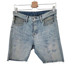 MNML Denim Distressed Button Fly Shorts w/ Chain Detail & Frayed Hem Men's Sz 30